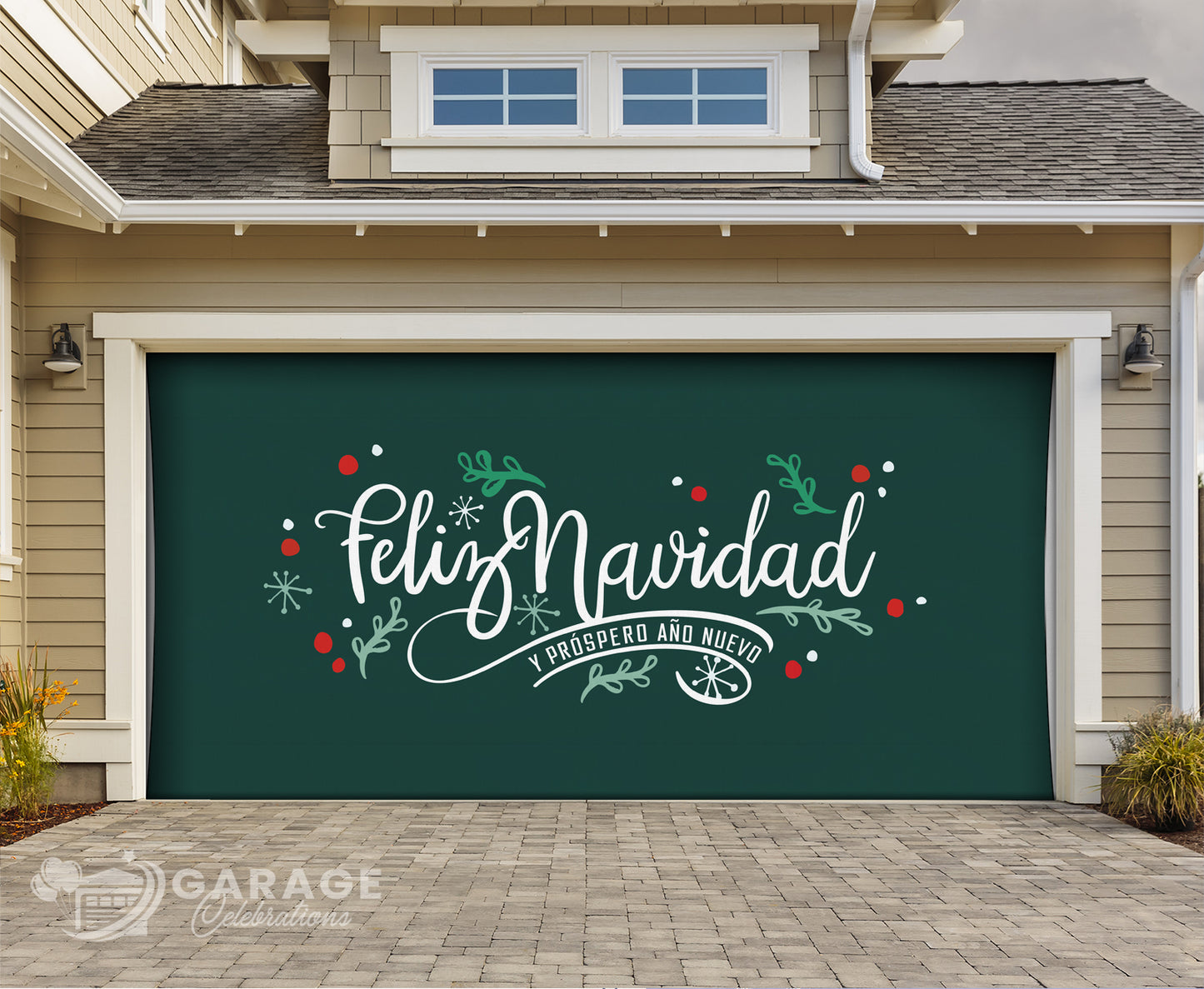 Garage door with 'Felicíz Navidad' text and festive design in front of a house.