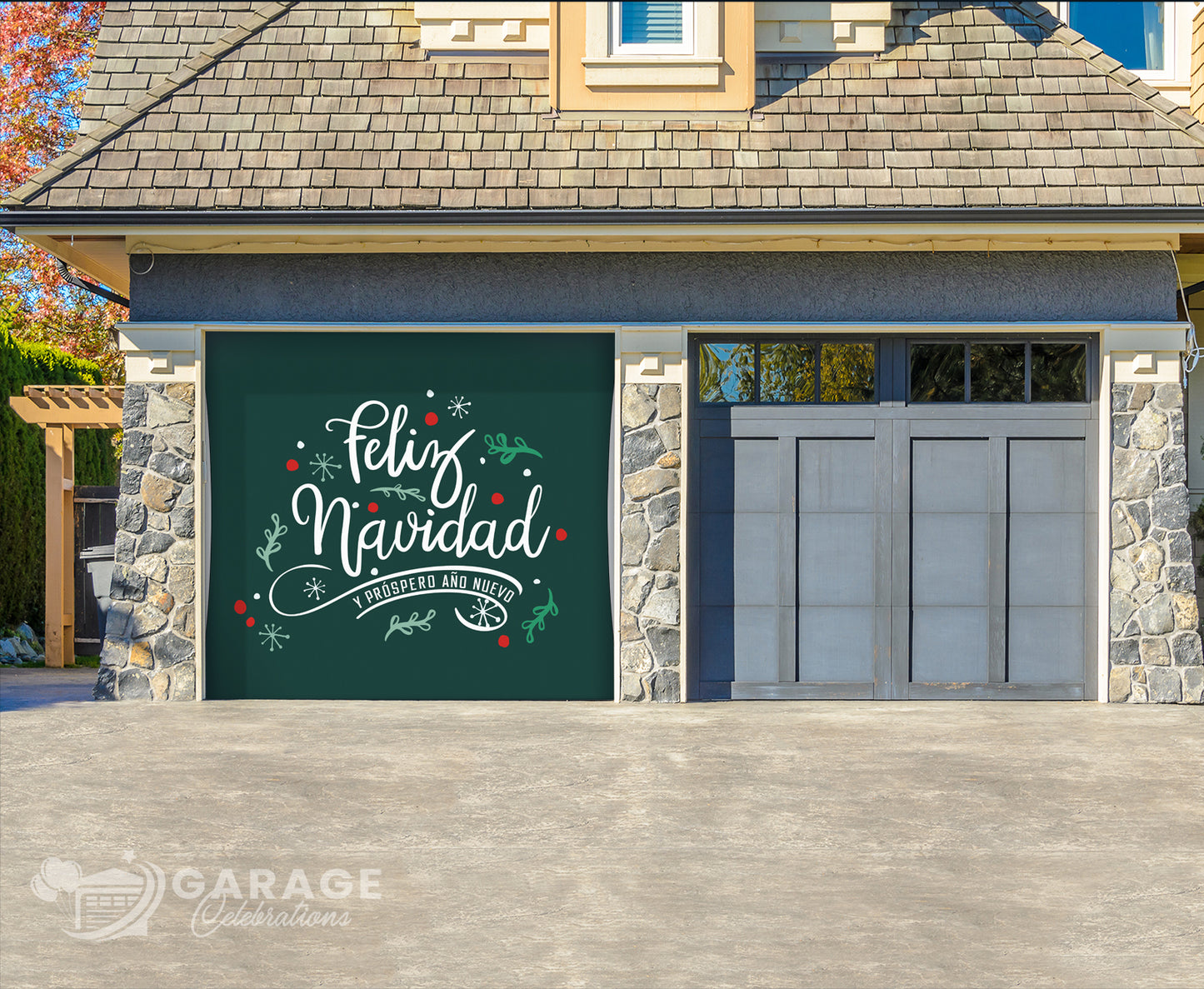 Garage door with 'Fáliz Navidad' text and Christmas decorations on a house exterior.