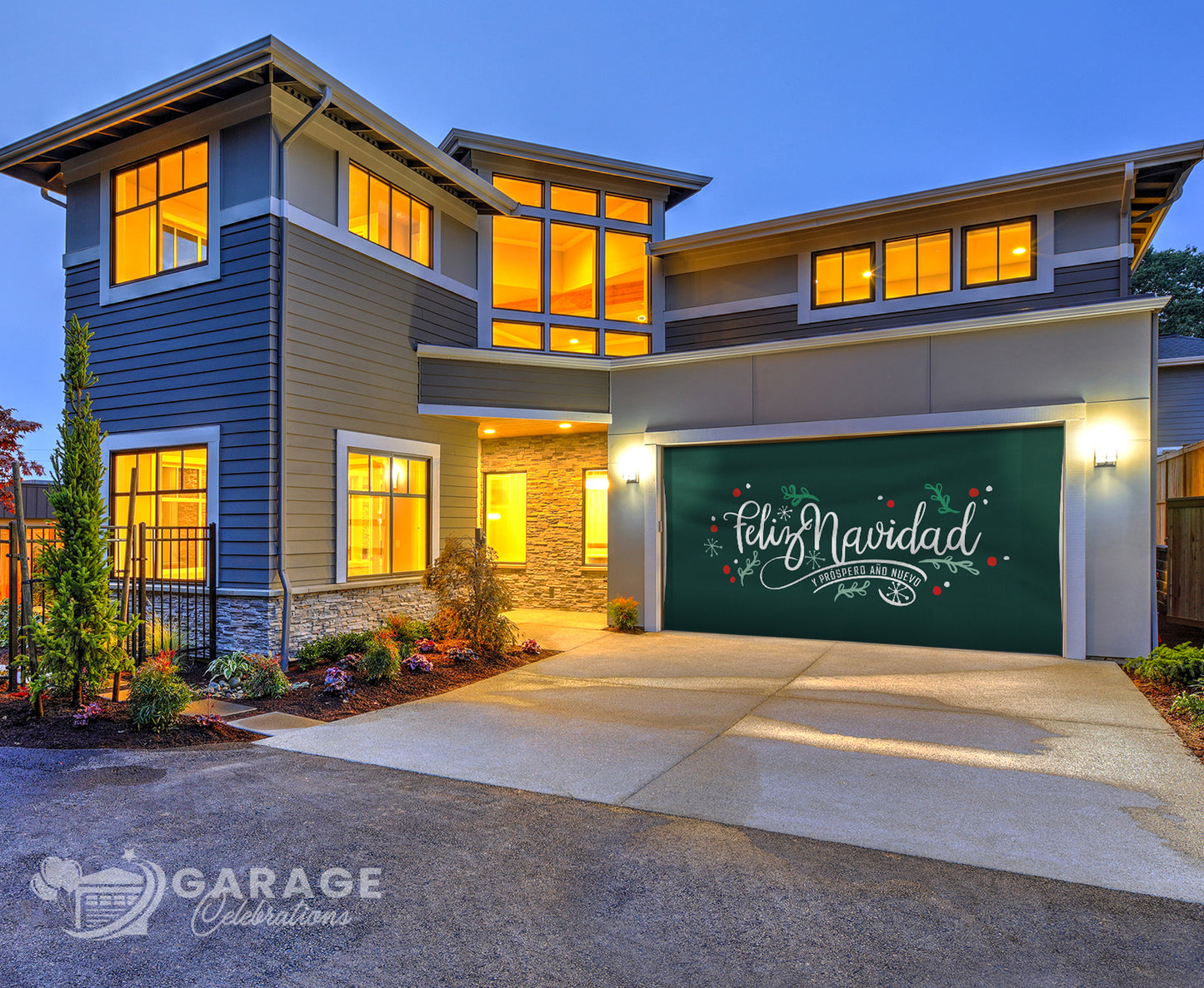 Modern house with a garage door featuring 'Feliz Navidad' text