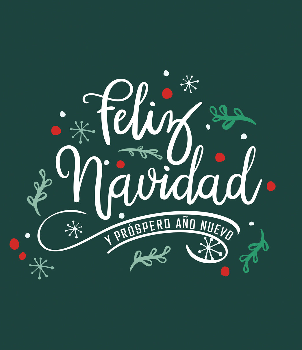 Festive text 'Feliz Navidad y Prospero Año Nuevo' with decorative elements on a green background