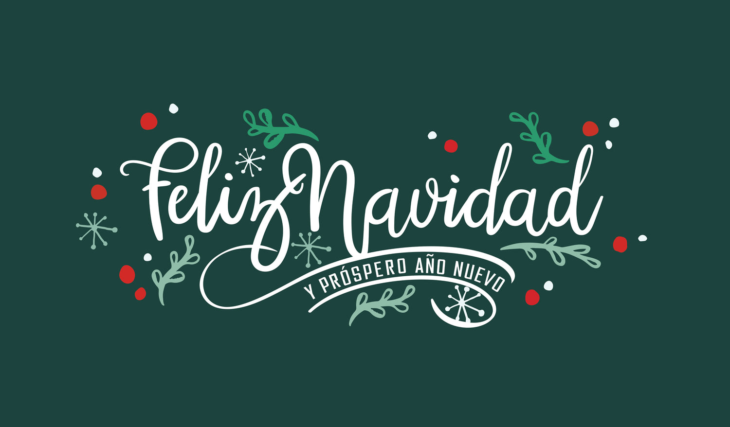 Festive text 'Feliz Navidad y Prospero Año Nuevo' with decorative elements on a green background