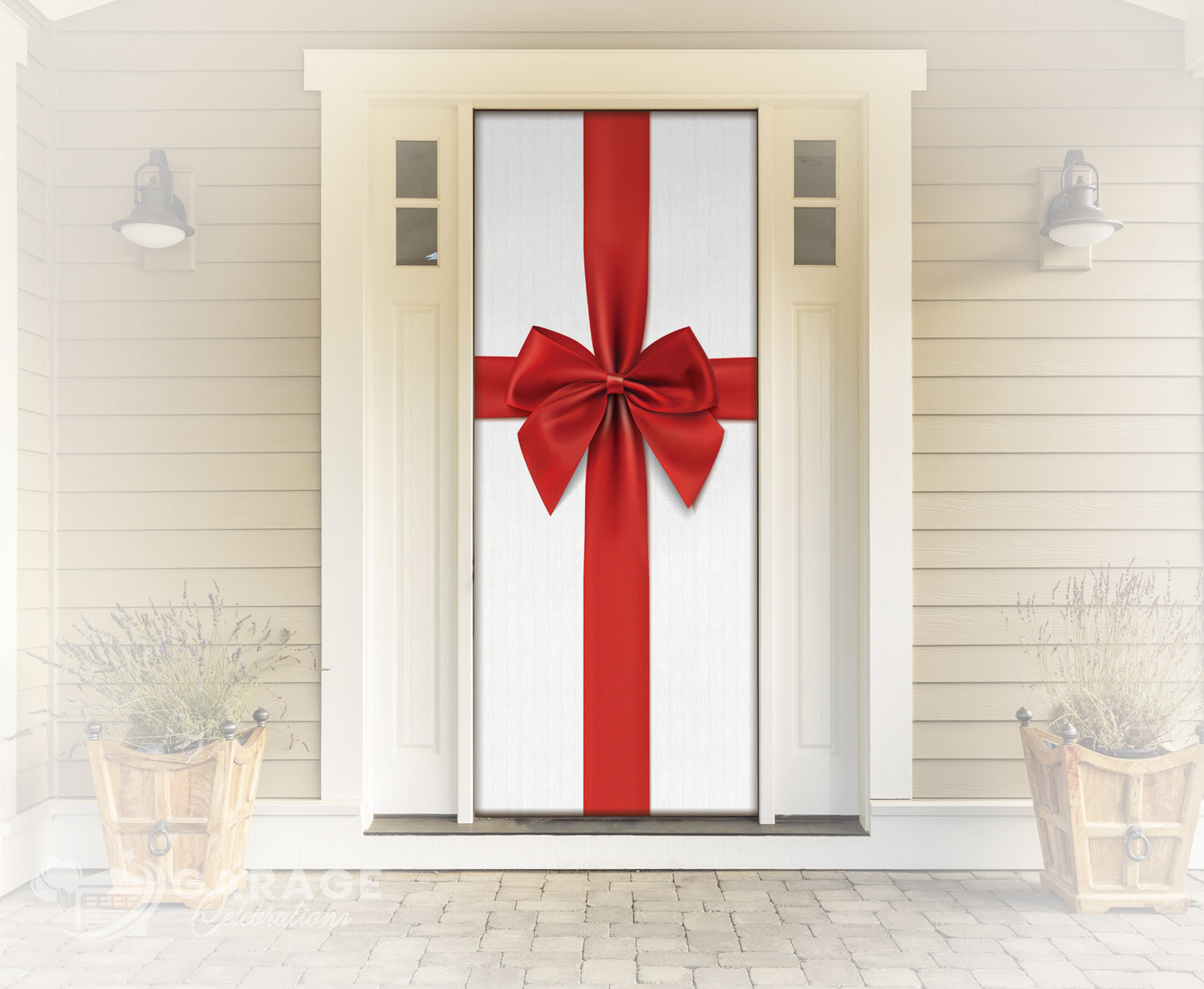 Door with a large red bow on a white background