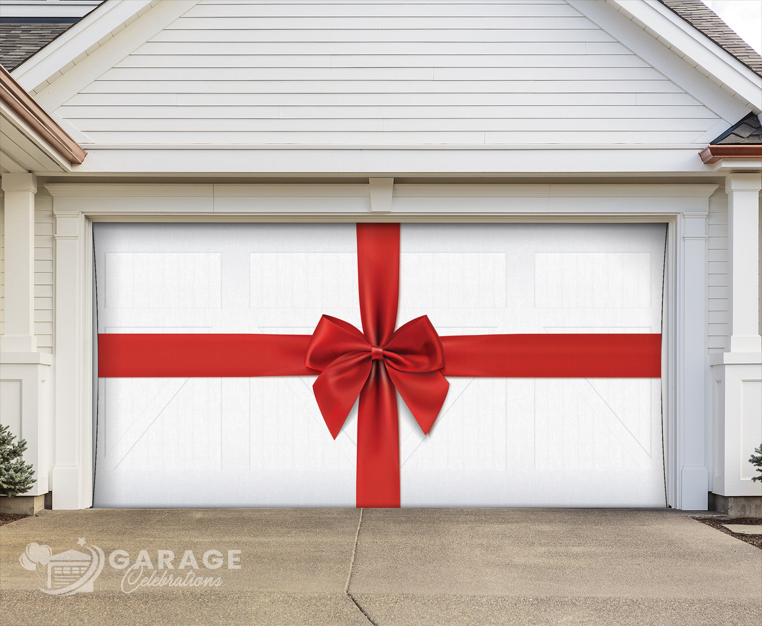 Garage door  with large red ribbon with a bow on a white farmhouse garage door background.