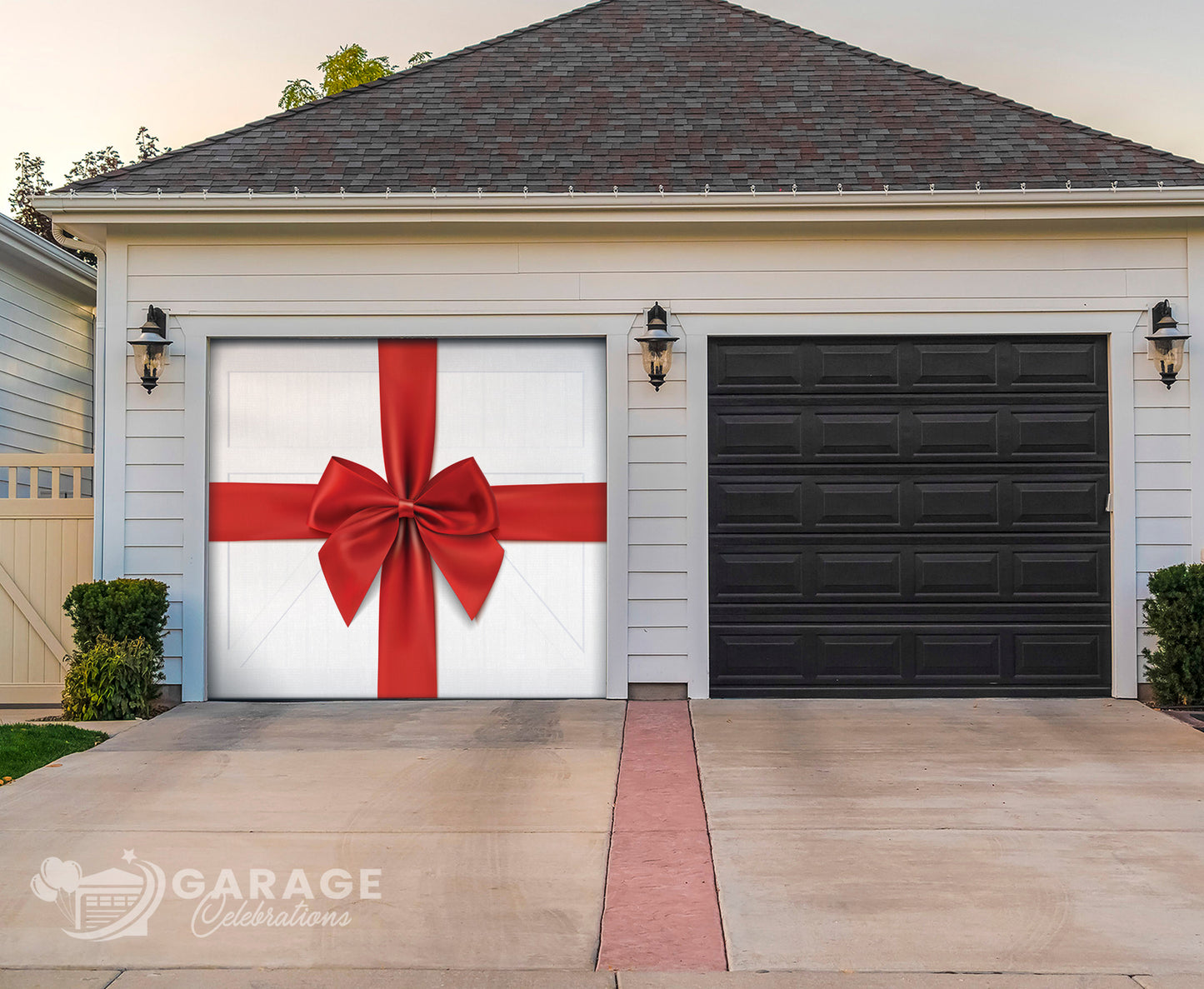 Garage door with large red ribbon with a bow on a white farmhouse garage door background.