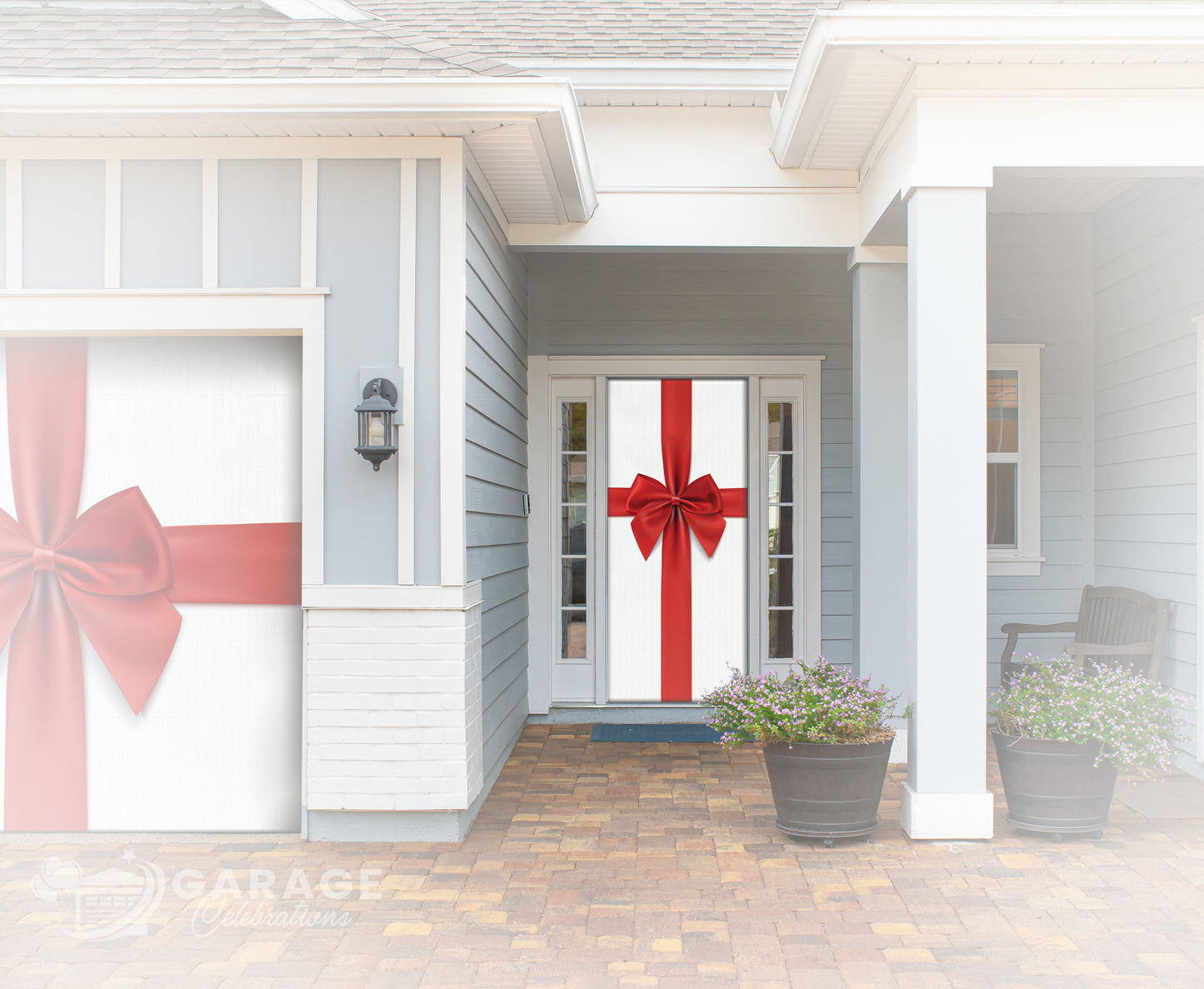 House exterior with decorative red bows on doors and garage door.
