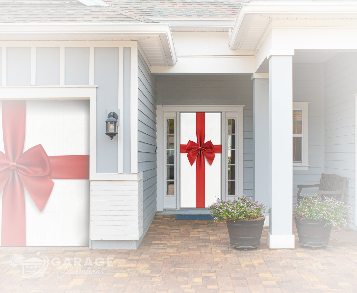 House exterior with decorative red bows on doors and garage door.