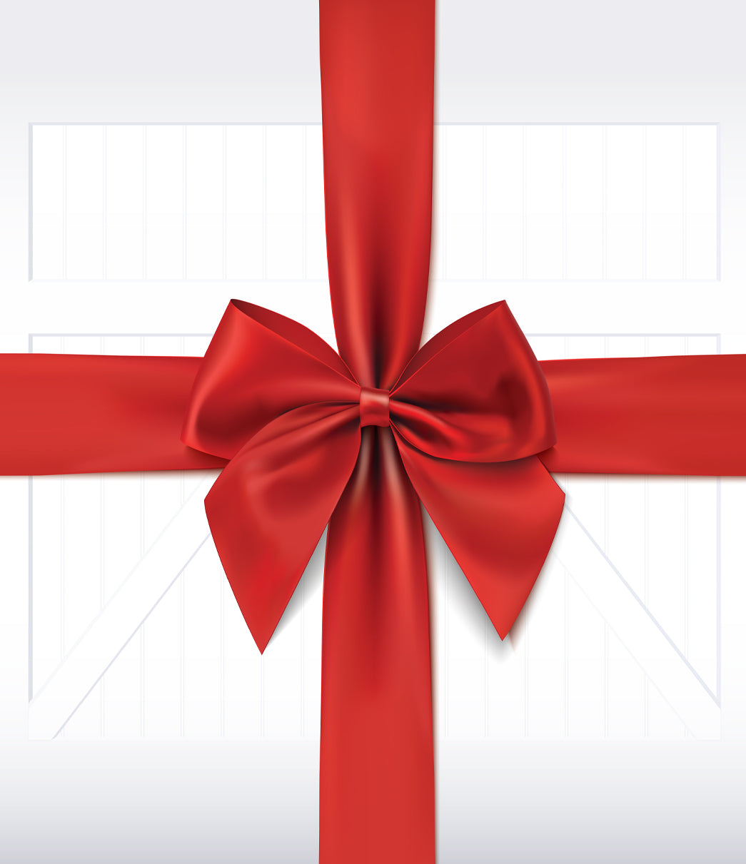 Large red ribbon with a bow on a white farmhouse garage door background.
