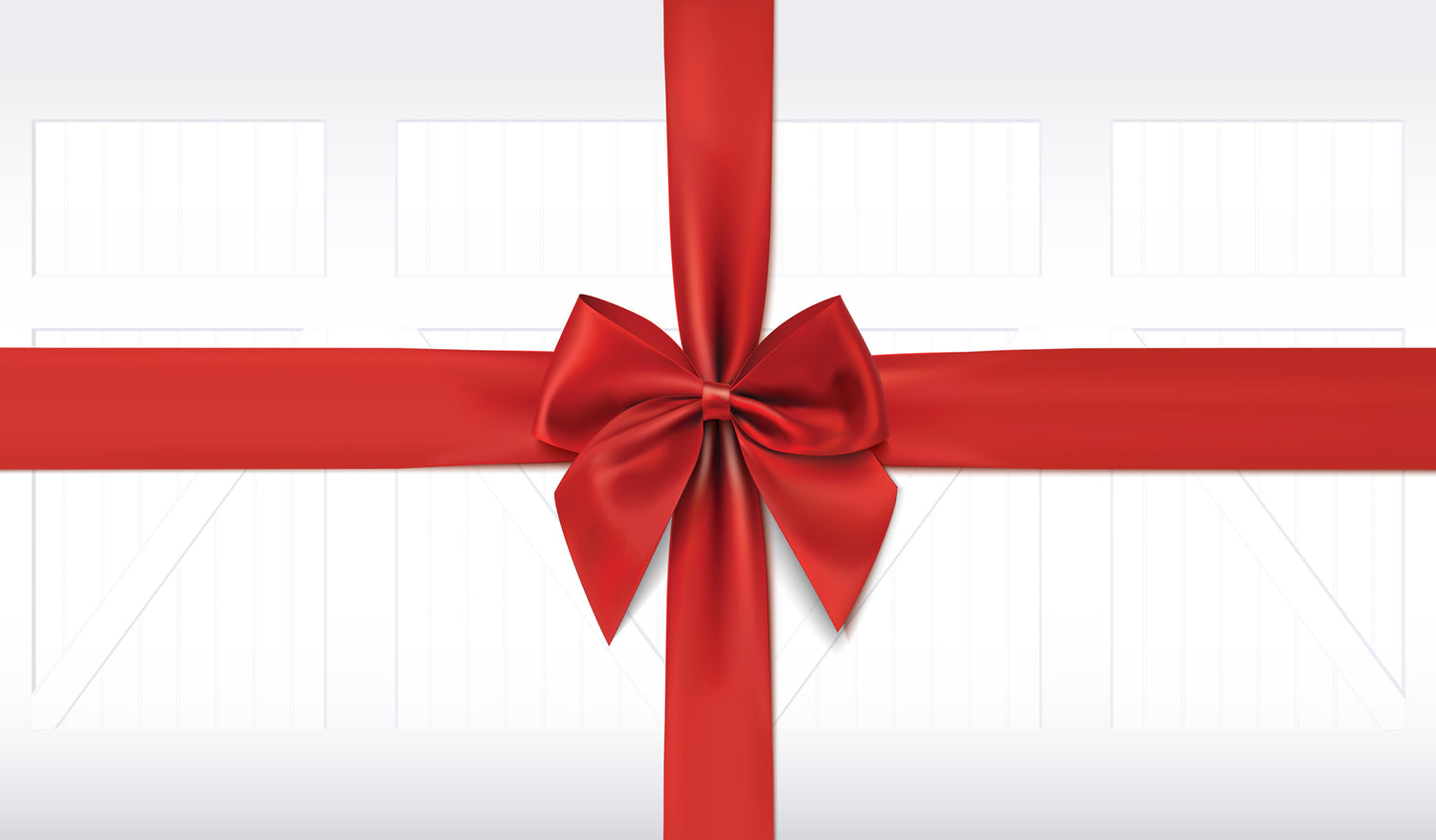 Large red ribbon with a bow on a white farmhouse garage door background.