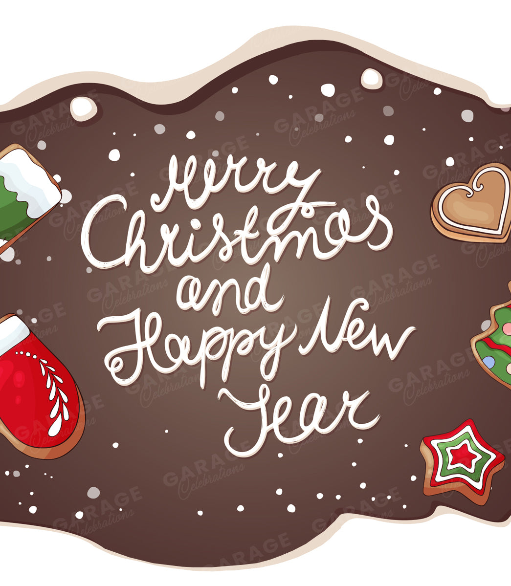 Chocolate background with Christmas-themed cookies and 'Merry Christmas and Happy New Year' text.
