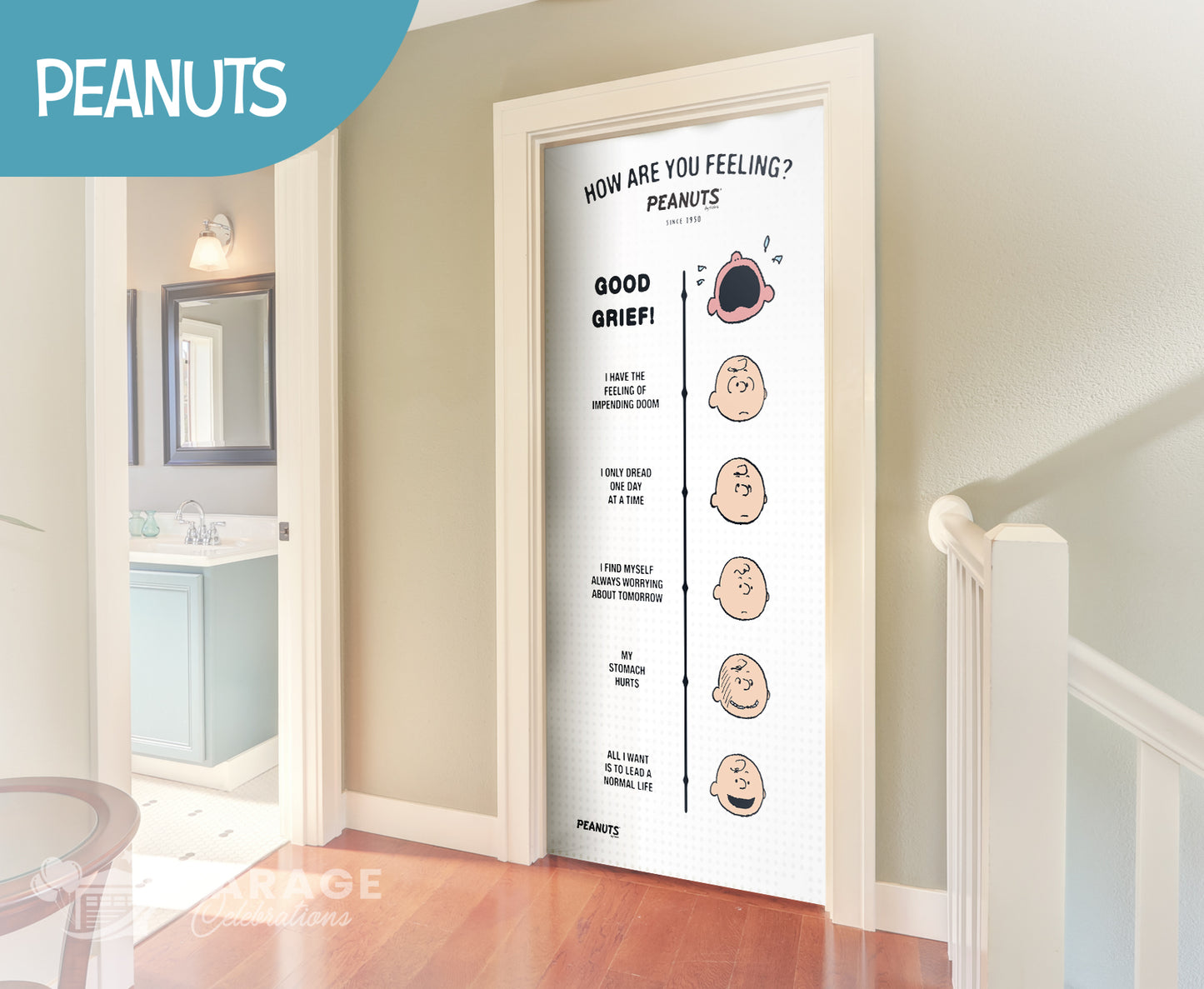 Bedroom door with the different moods of Charlie Brown and the text Goog Grief!