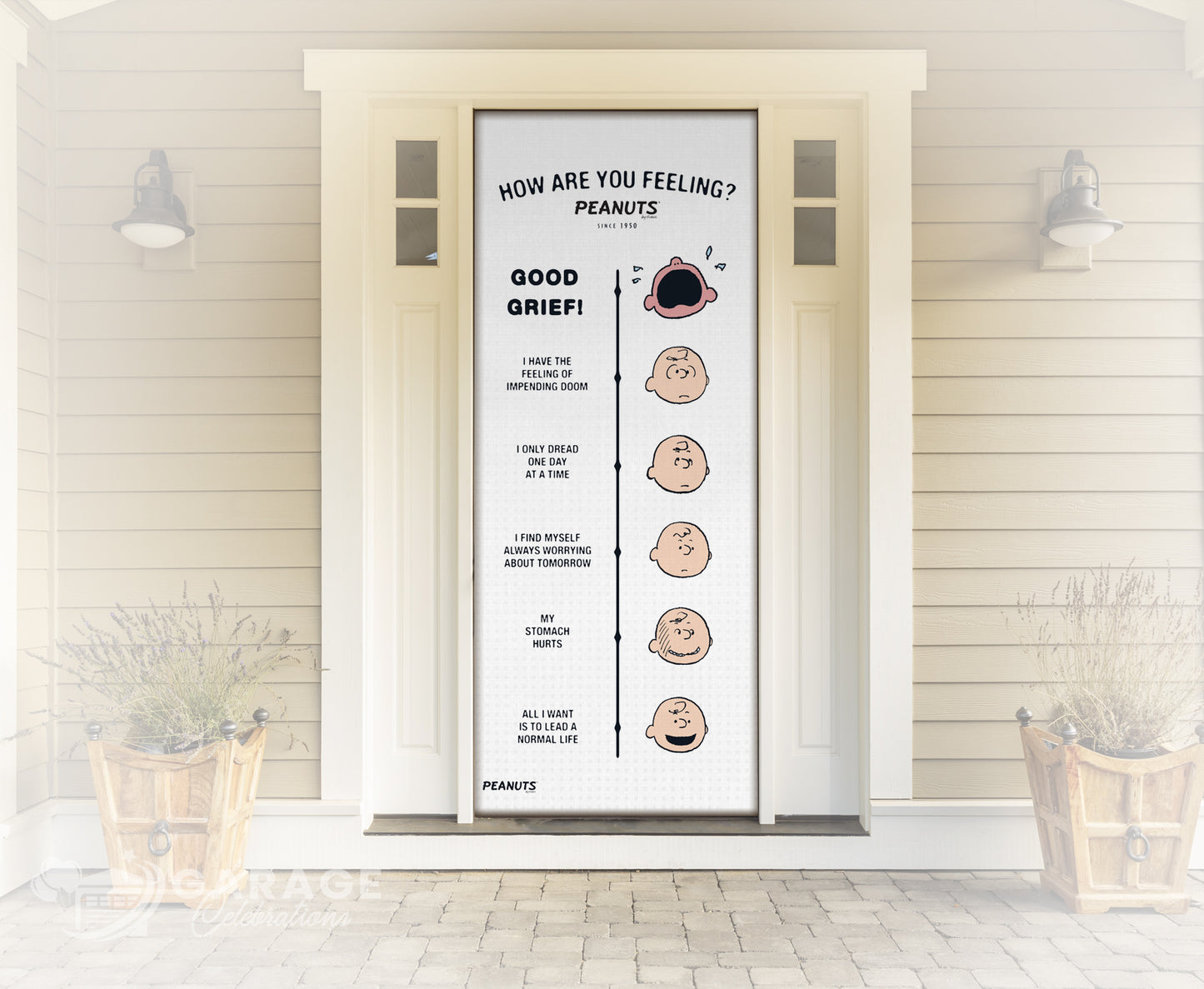 Decorative Peanuts door with a 'How are you feeling?' chart on a white wall.