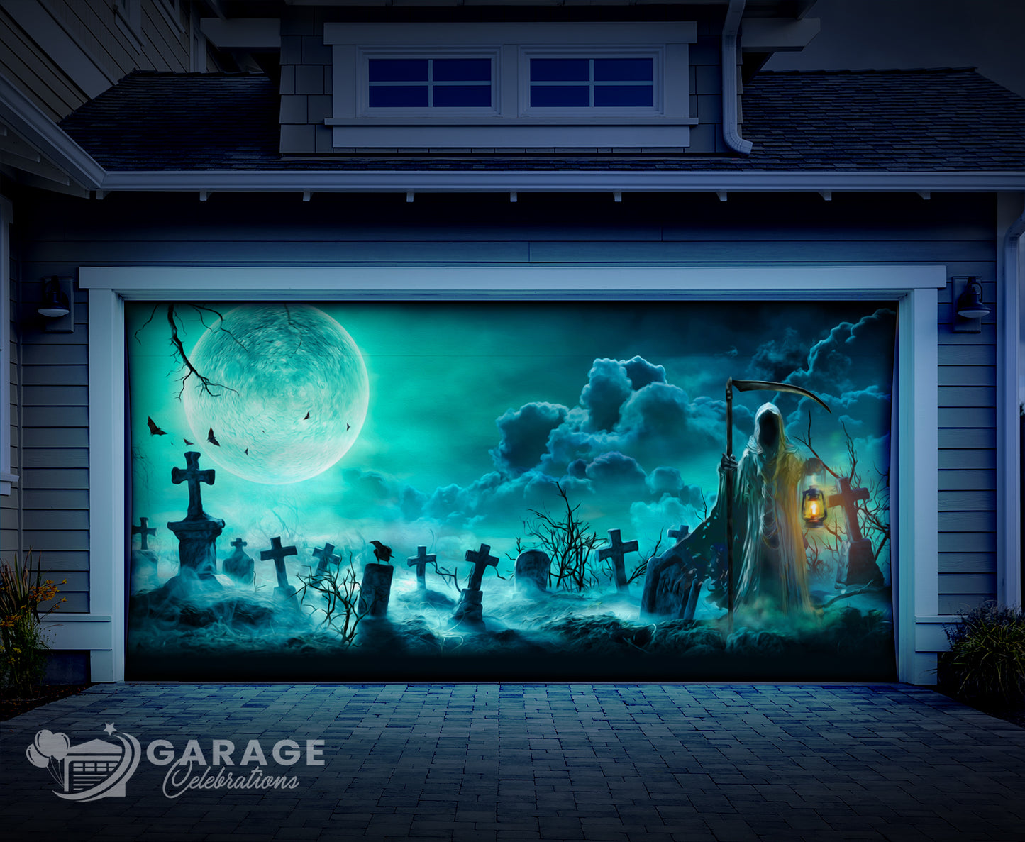 Garage door with Halloween-themed mural featuring a ghost, graves, and a full moon.