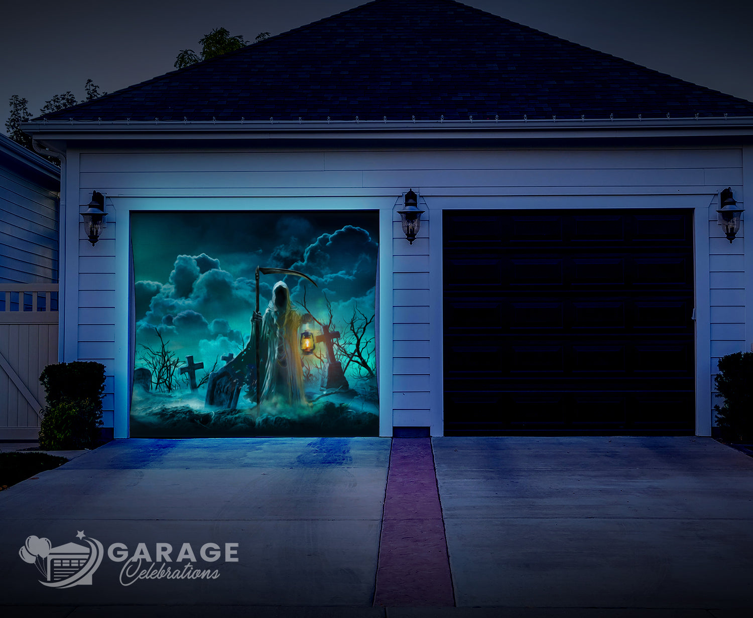 Garage door with a Halloween-themed mural featuring a ghost, tombstones, and a moonlit sky.