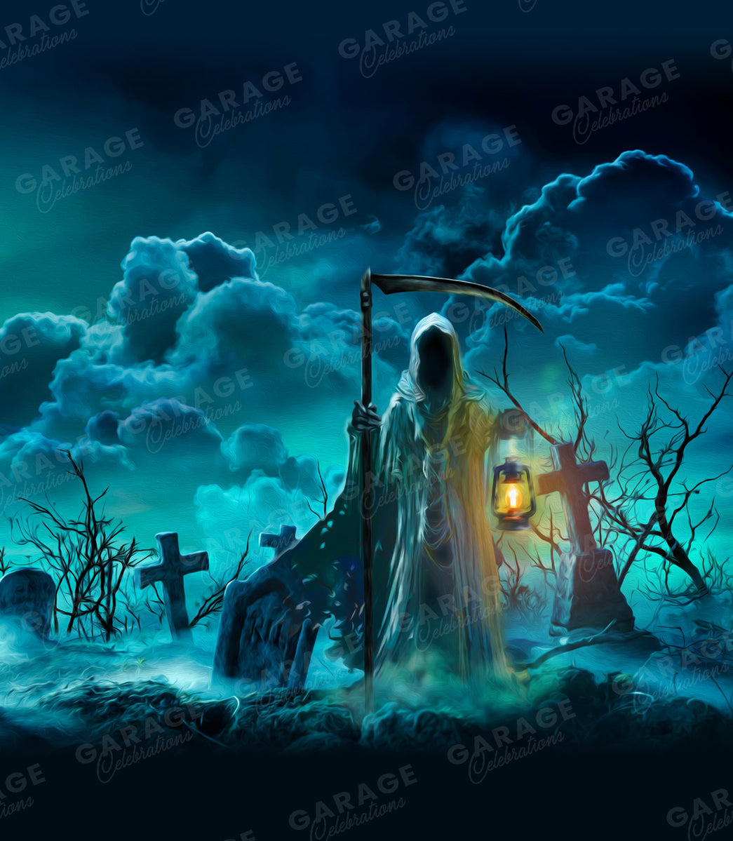 Grim Reaper in a graveyard with a lantern under a dark sky, featuring the Garage Celebrations logo.