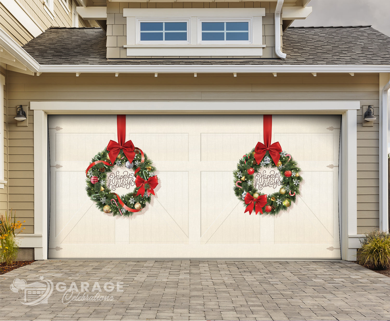 Garage door with Christmas wreaths and red ribbons on a house exterior.