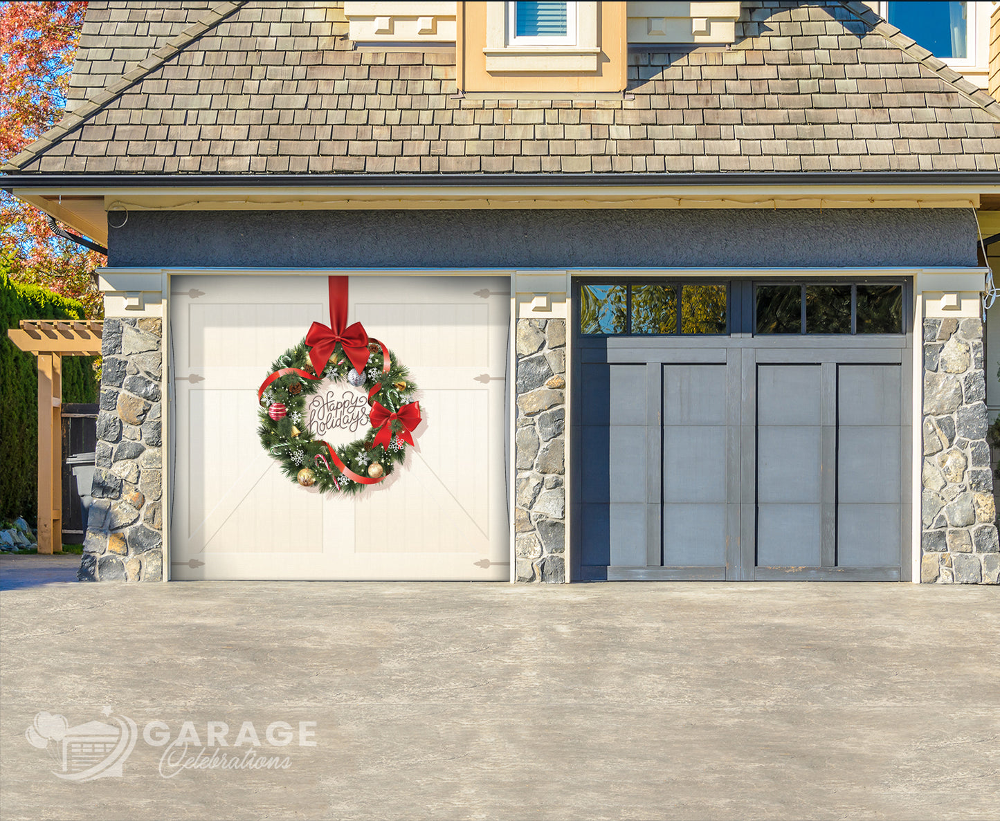 A Christmas wreaths with red ribbons and 'Happy Holidays' text on a beige farmhouse garage door background.