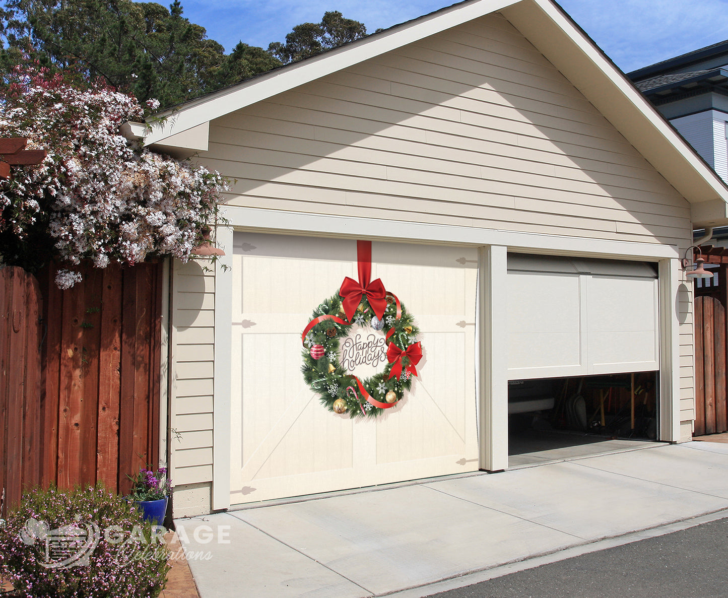 A Christmas wreaths with red ribbons and 'Happy Holidays' text on a beige farmhouse garage door background.