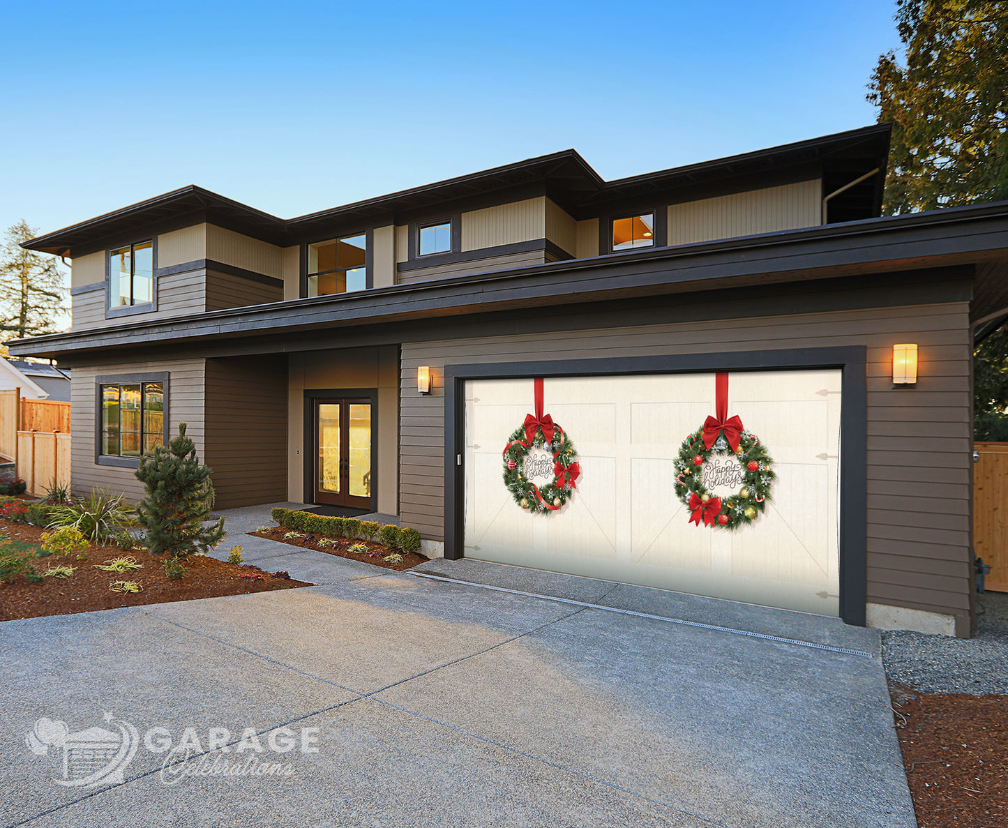 Modern house with two Christmas wreaths with red ribbons and 'Happy Holidays' text on a beige farmhouse garage door background.
