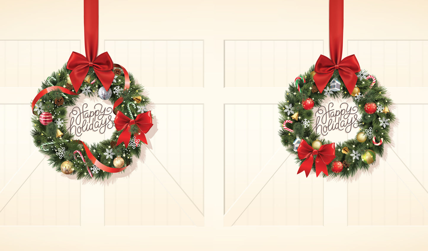 Two Christmas wreaths with red ribbons and 'Happy Holidays' text on a beige farmhouse garage door background.
