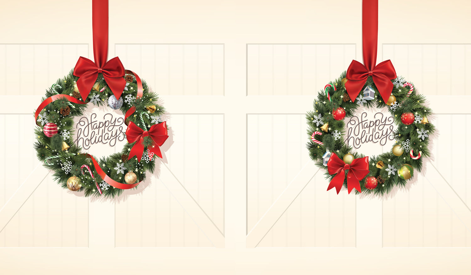 Two Christmas wreaths with red ribbons and 'Happy Holidays' text on a beige farmhouse garage door background.