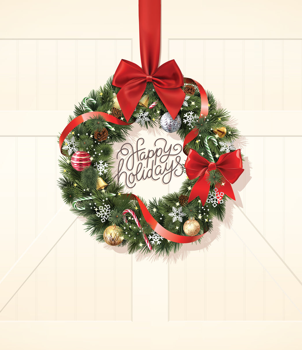 Decorative Christmas wreath with red ribbons and 'Happy Holidays' text on a light background