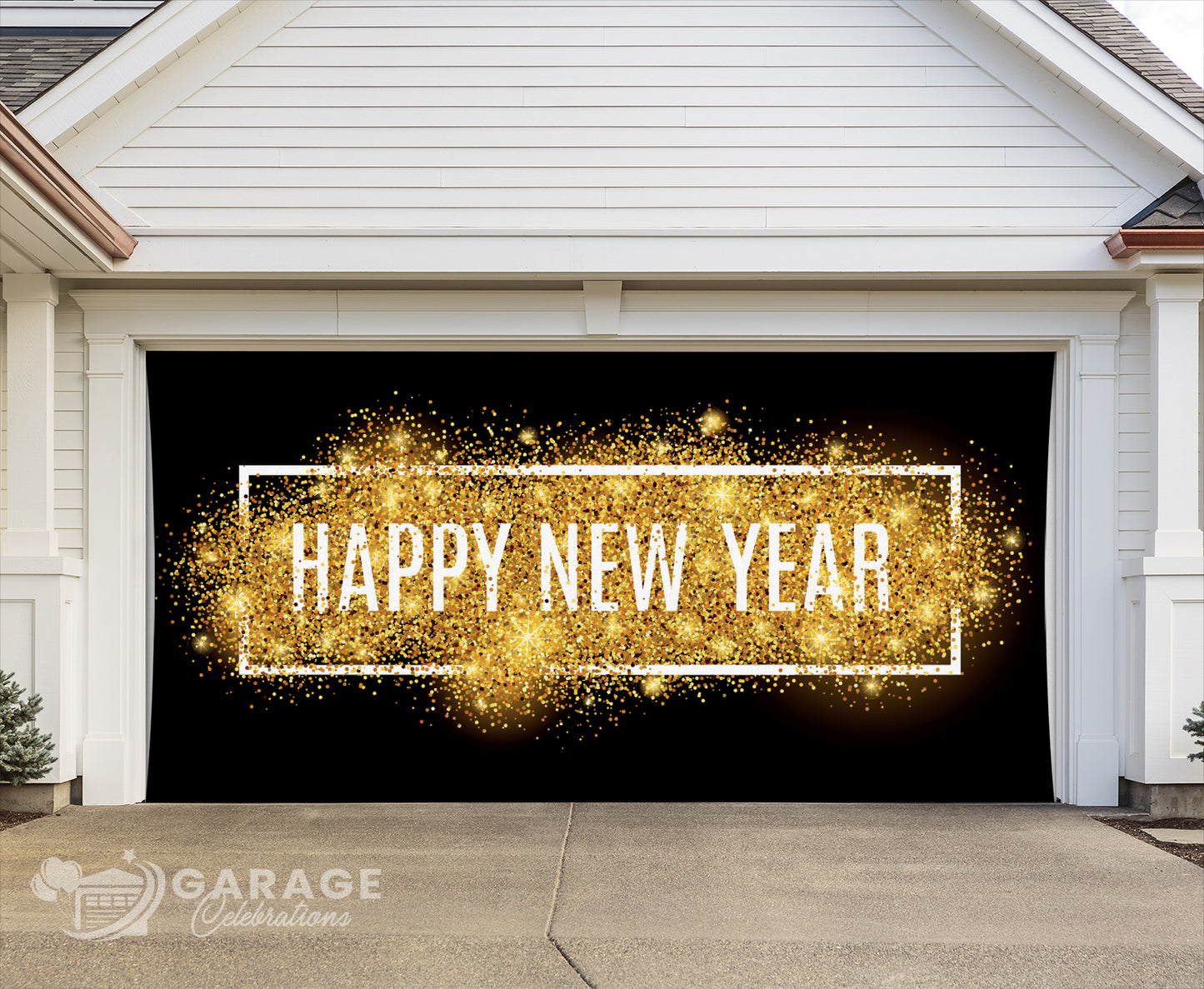 Garage door with 'Happy New Year' decoration in gold and white text on a black background.