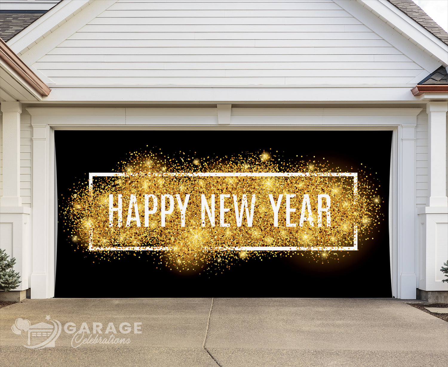 Garage door with 'Happy New Year' decoration in gold and white text on a black background.