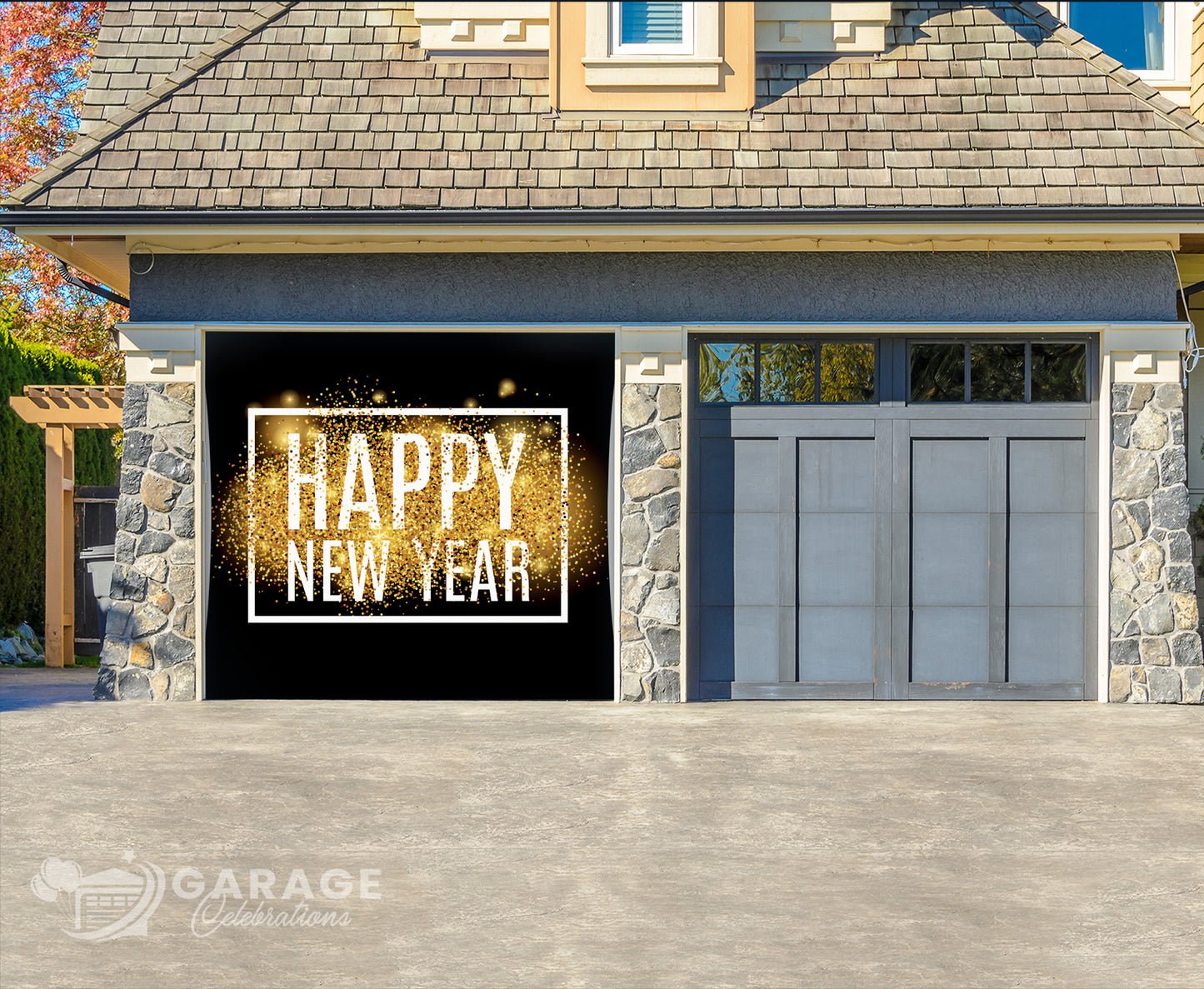 Garage door with 'Happy New Year' decoration in front of a house