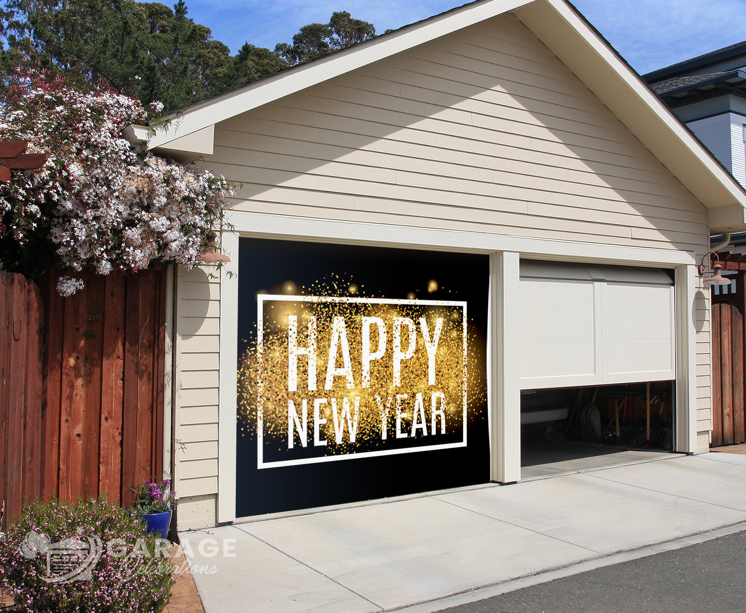 Garage door with 'Happy New Year' decoration in front of a house