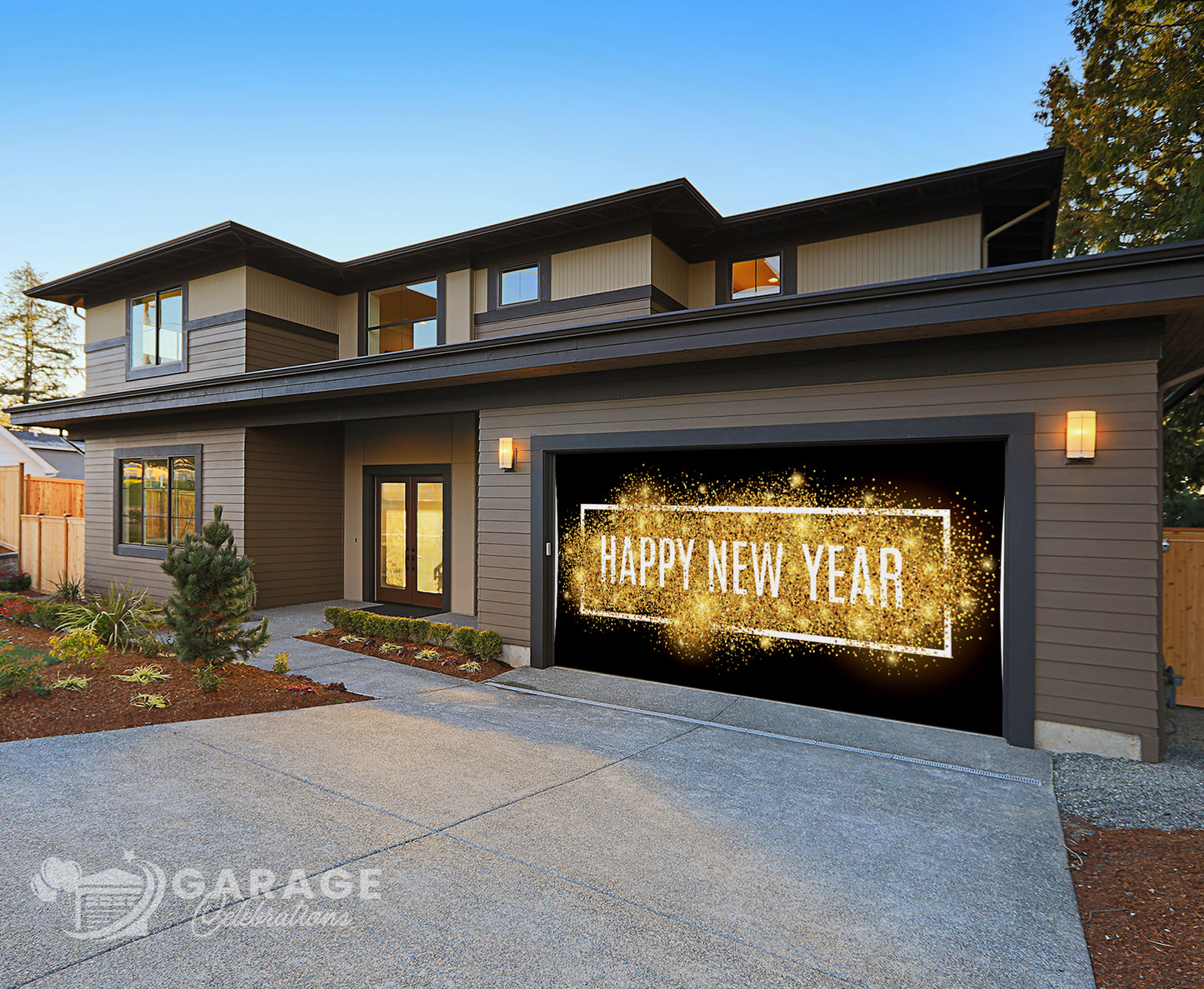 Modern house with a garage door displaying 'Happy New Year' text