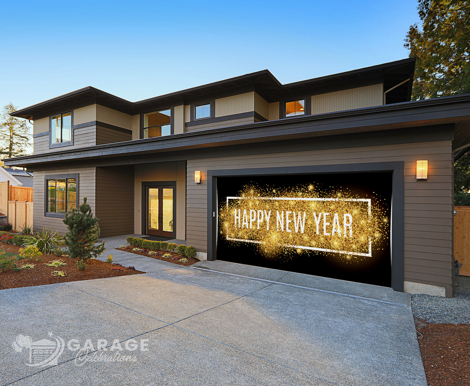 Modern house with a garage door displaying 'Happy New Year' text
