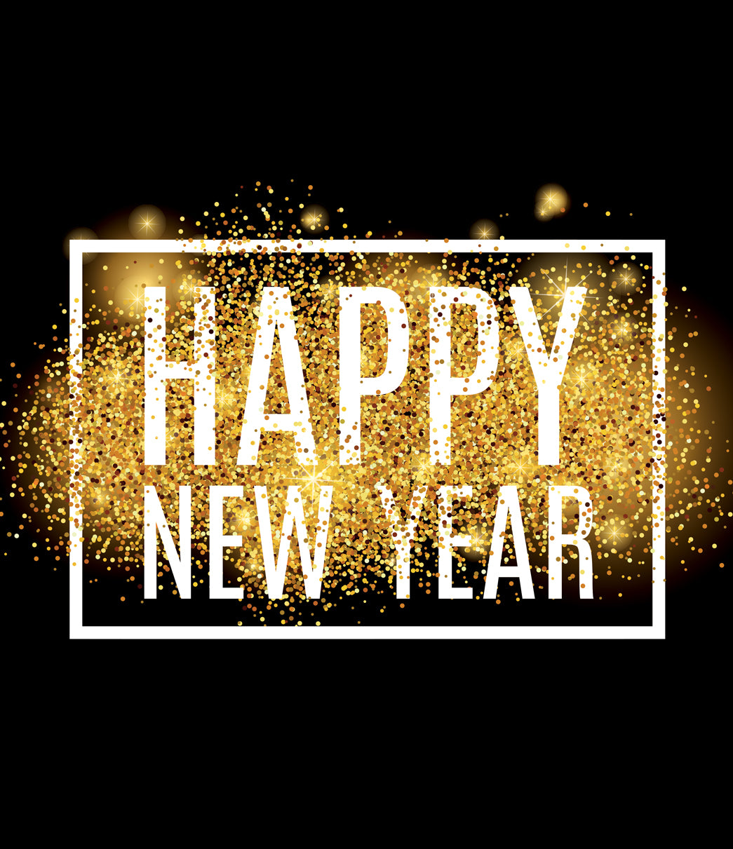 Happy New Year text with gold glitter on a black background