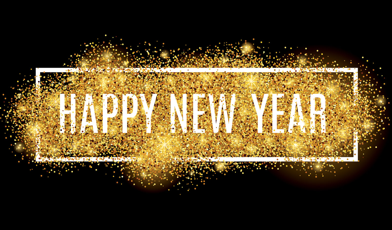 Gold glittery 'Happy New Year' text on a black background