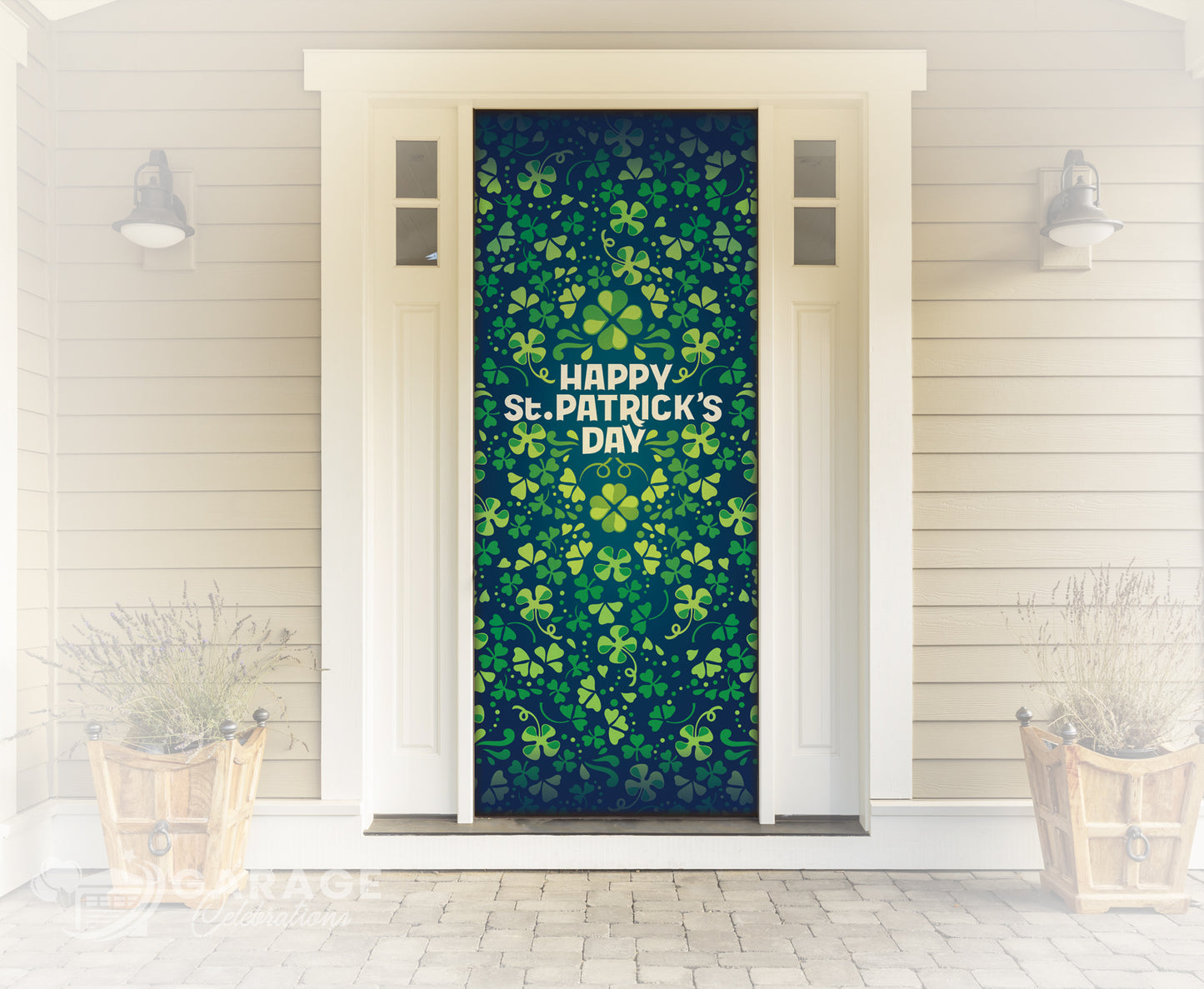 Decorative door with St. Patrick's Day design featuring shamrocks and text on a blue and green background.