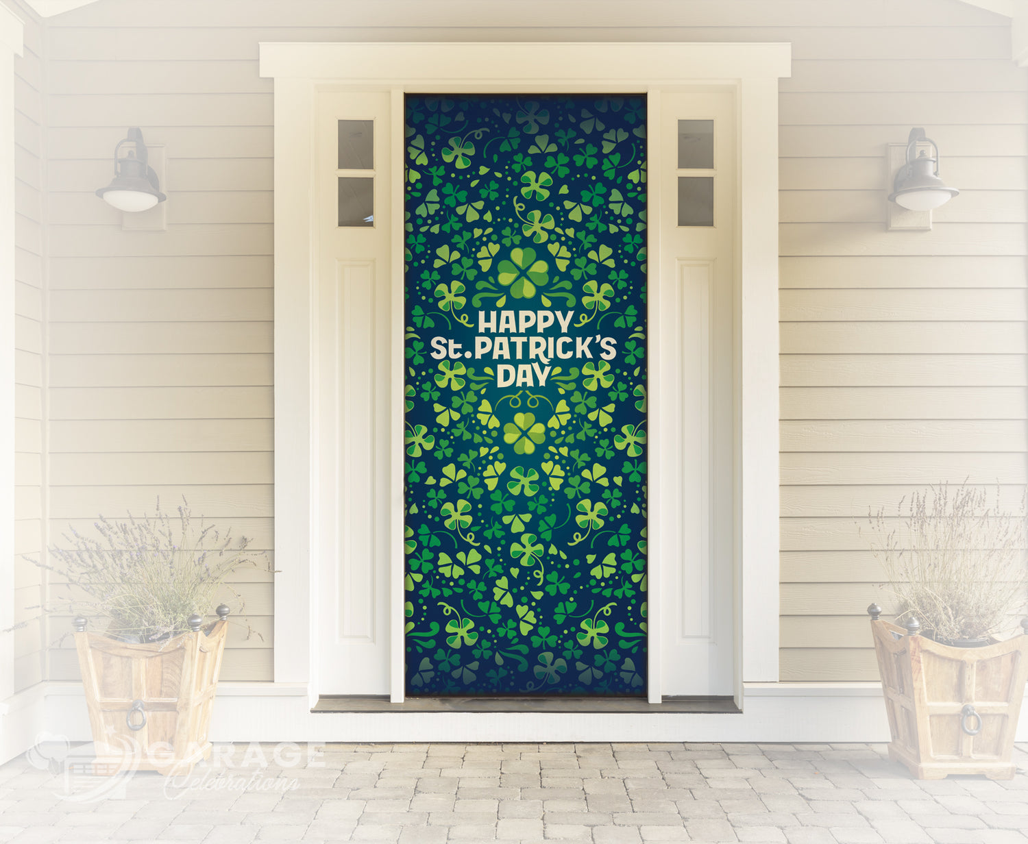 Decorative door with St. Patrick's Day design featuring shamrocks and text on a blue and green background.