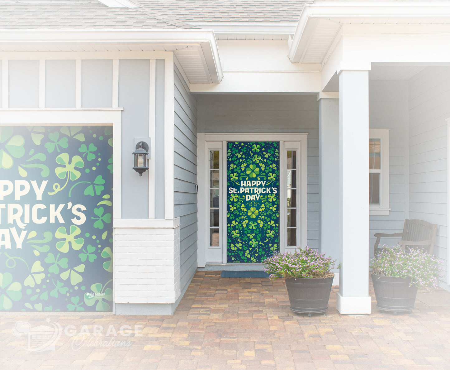 Front porch with 'Happy St. Patrick's Day' decorations on a house.