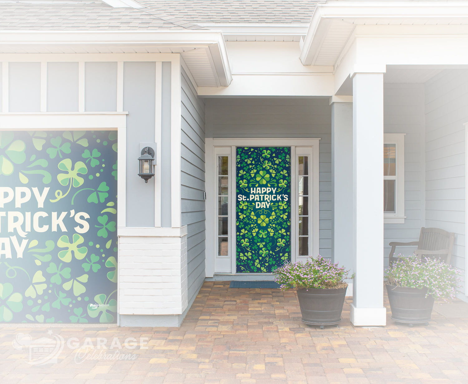 Front porch with 'Happy St. Patrick's Day' decorations on a house.