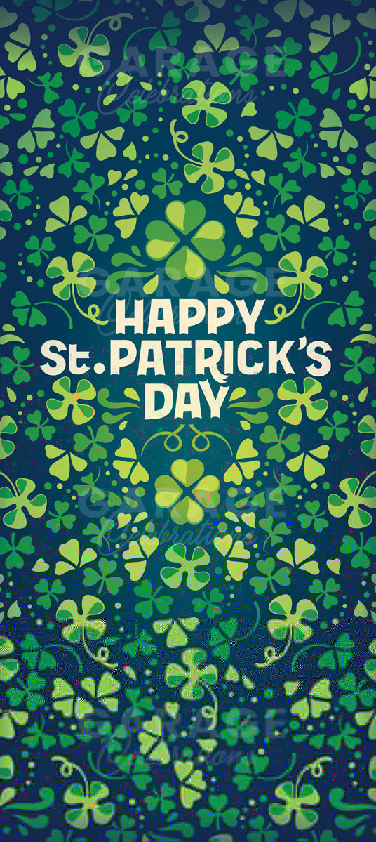 St. Patrick's Day front door cover with green shamrocks on a blue and green background.