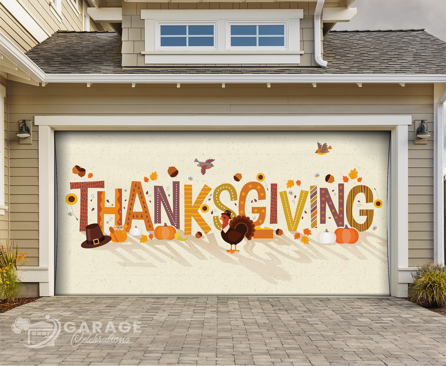 Garage door with Thanksgiving-themed design featuring the word 'THANKSGIVING' and festive elements.
