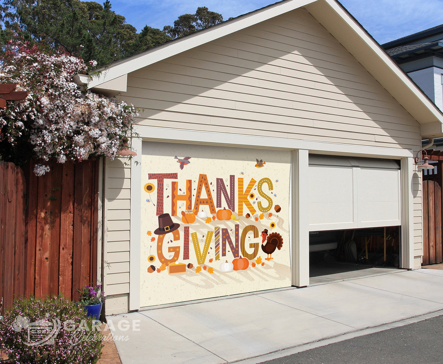 Garage door with a Thanksgiving-themed graphic on a house exterior
