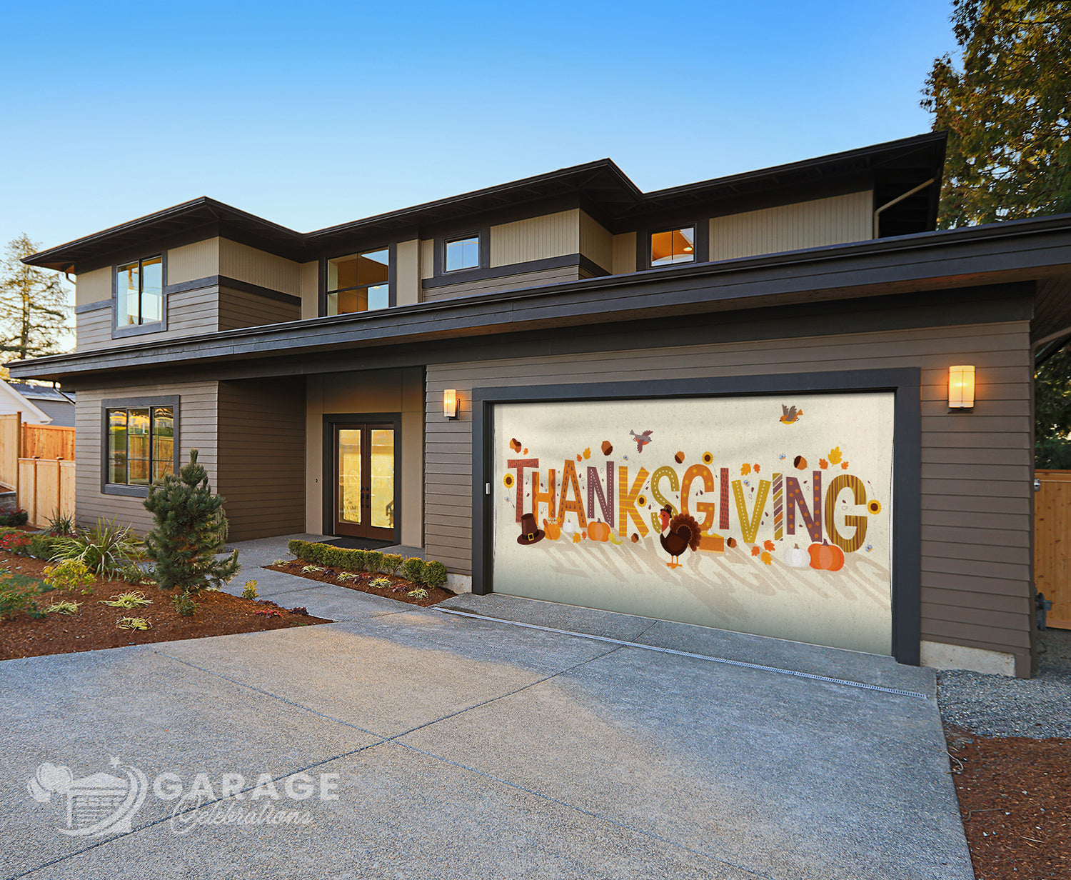 Modern house with a Thanksgiving-themed garage door display
