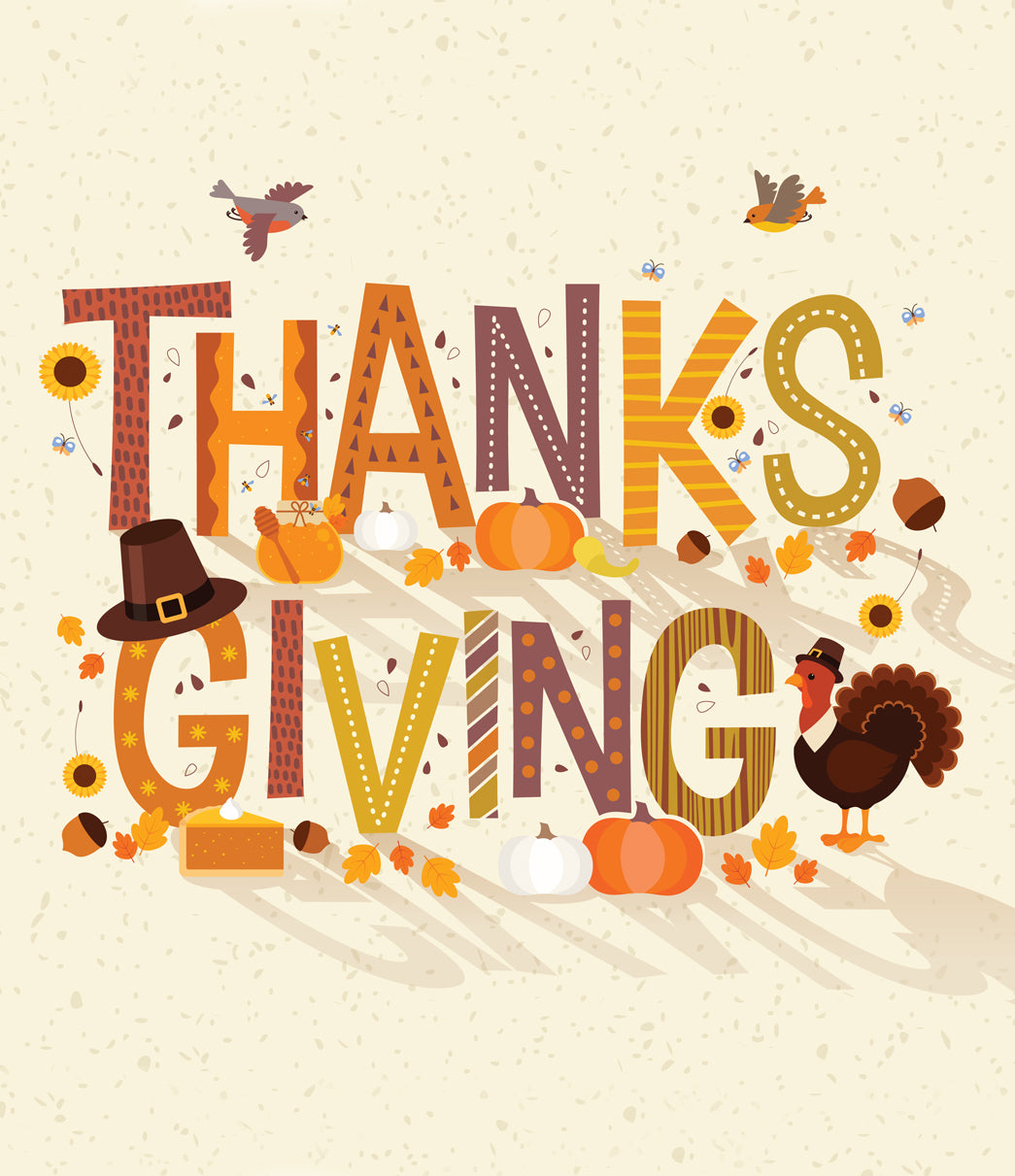 Thanksgiving-themed text with fall elements on a beige background