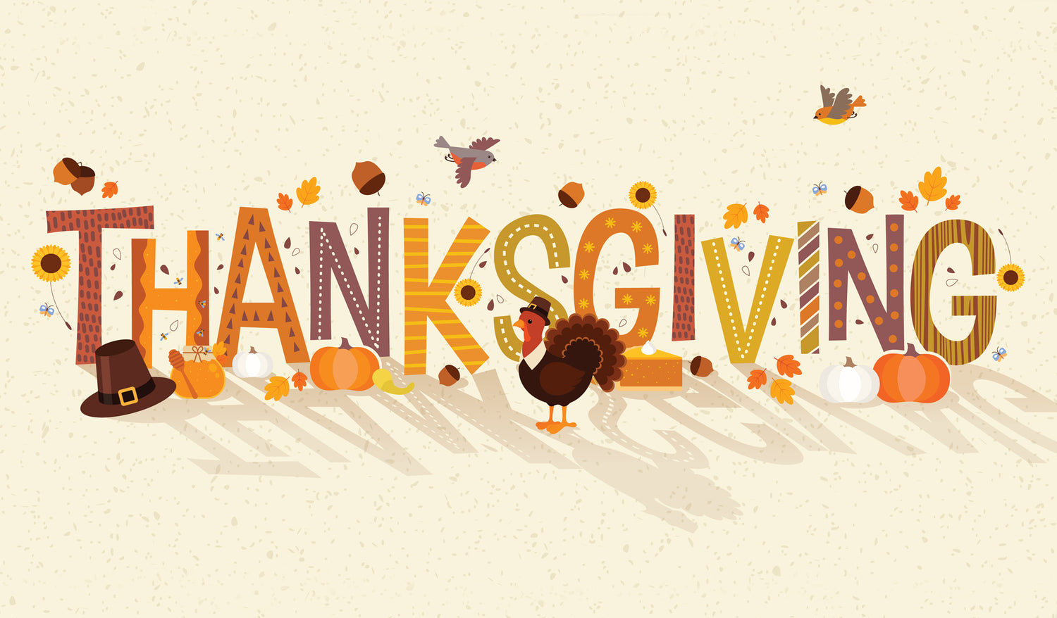 Colorful 'Thanksgiving' text with fall elements on a beige background