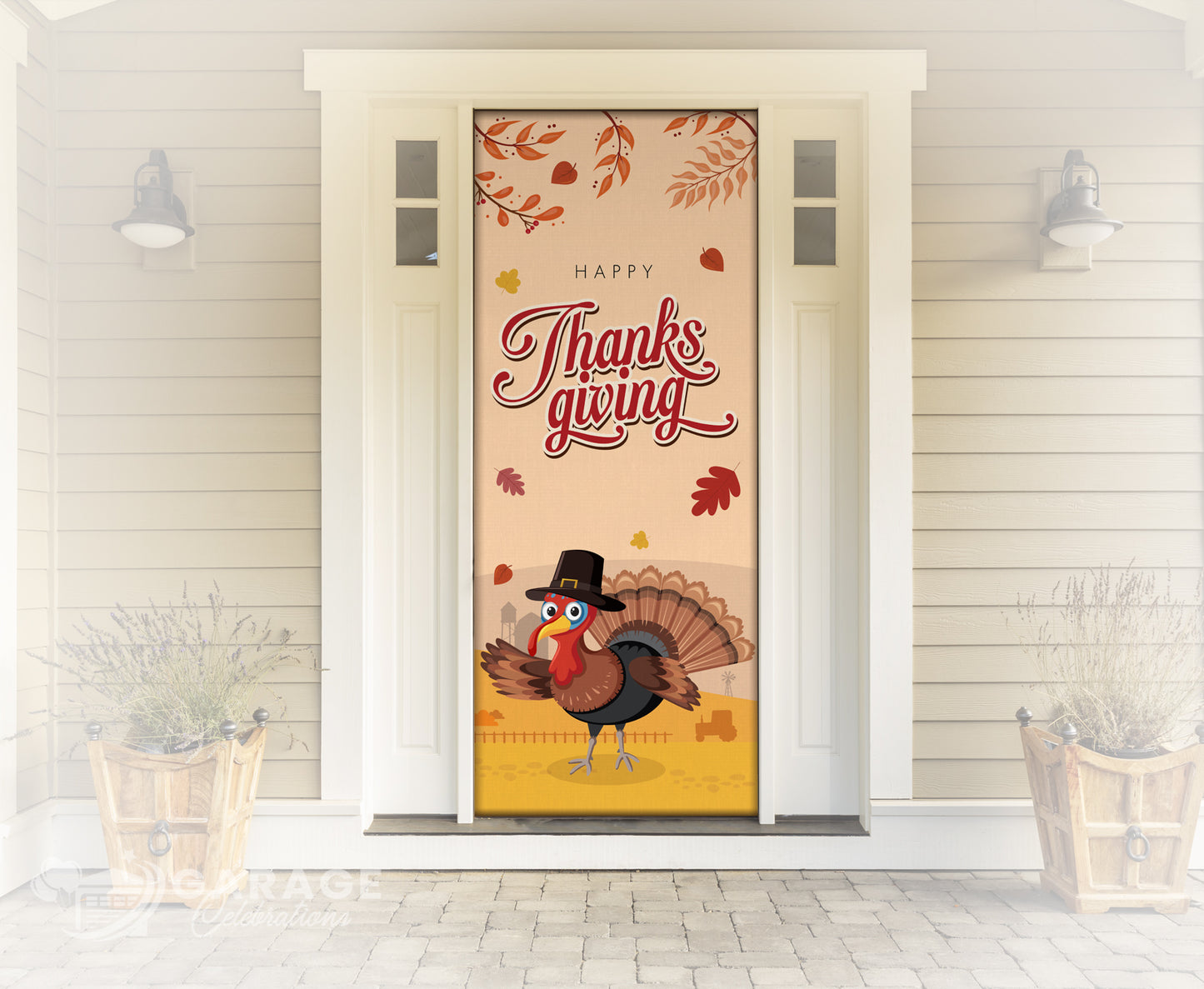 Decorative door cover with a turkey and 'Happy Thanksgiving' text on a peach background.
