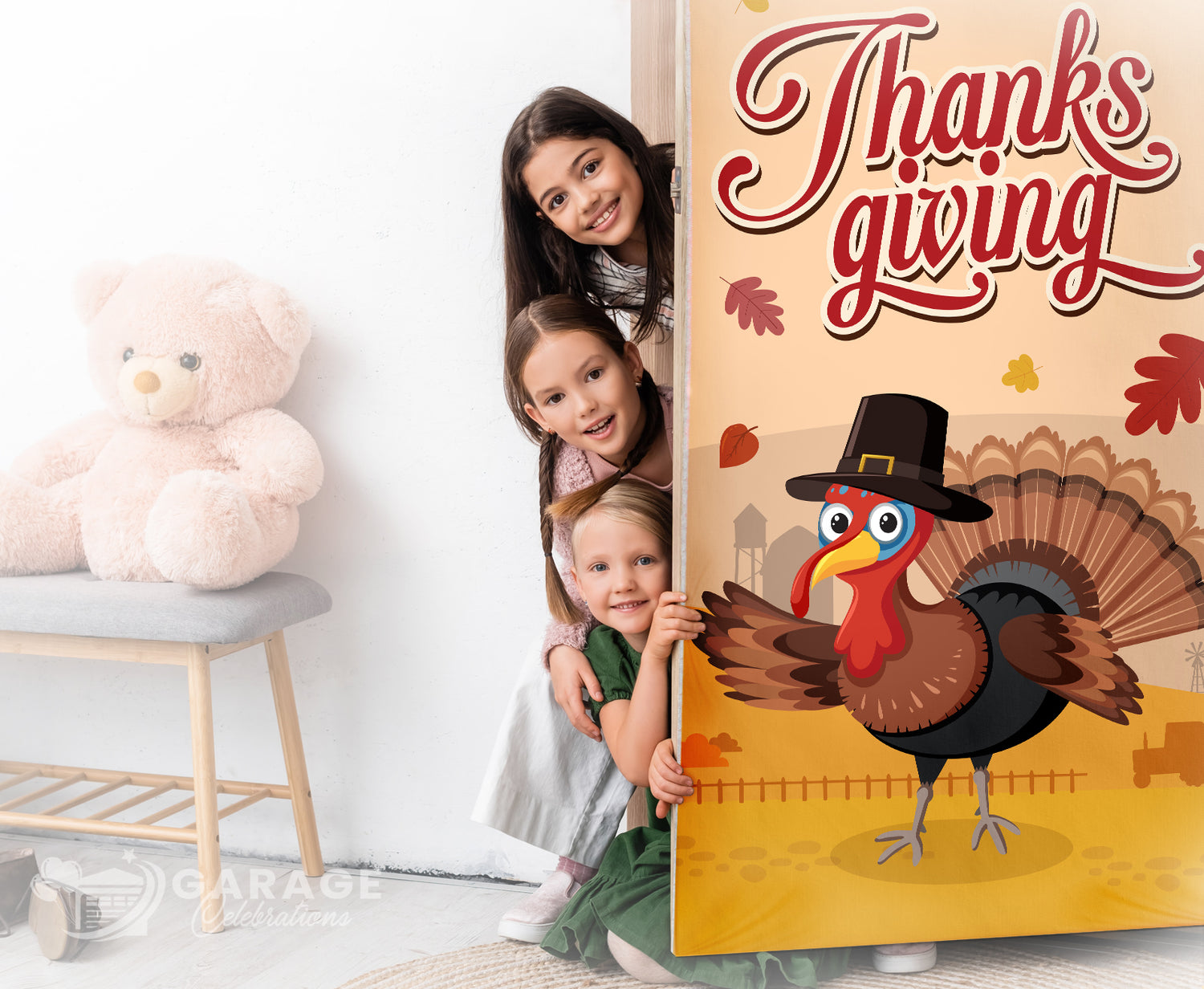 Three children peeking from behind a door with a 'Thanksgiving' dover featuring a turkey.