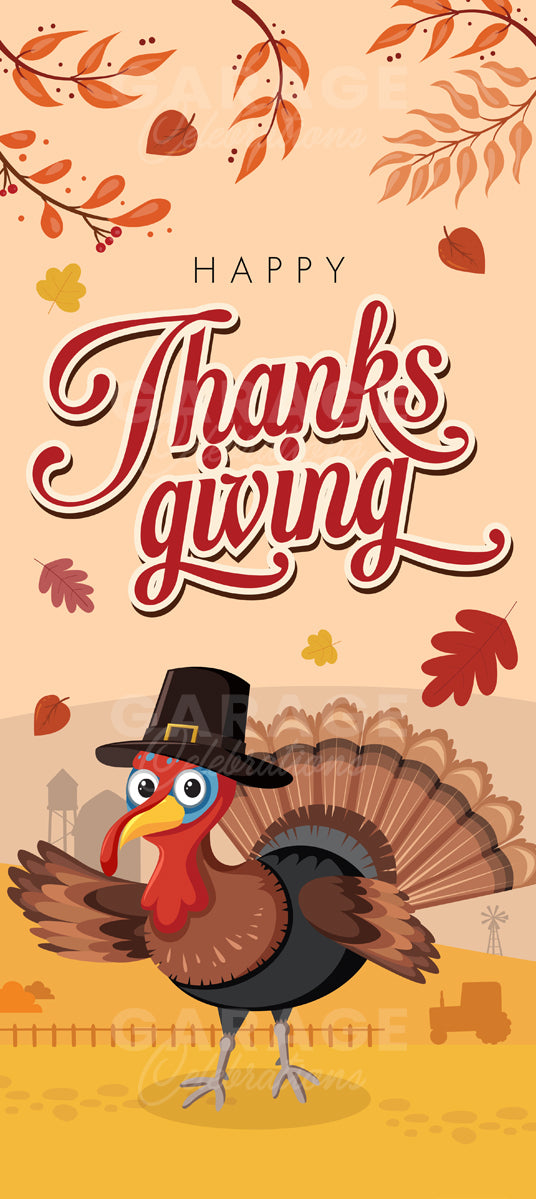 Cartoon turkey with a pilgrim hat on a 'Happy Thanksgiving' background with leaves and pumpkins.