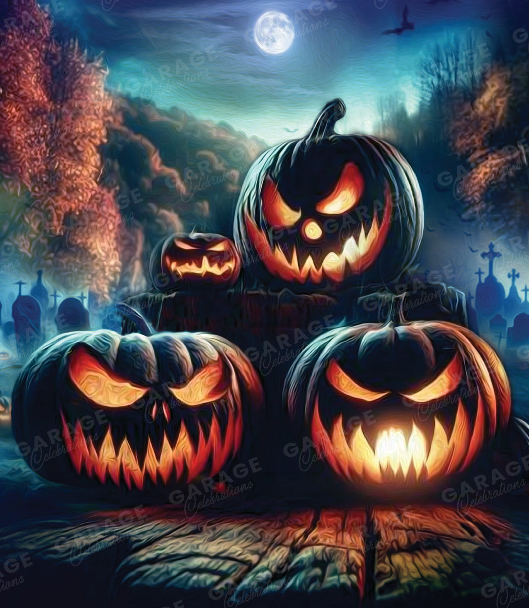 Three glowing jack-o'-lanterns in a cemetery with a full moon.