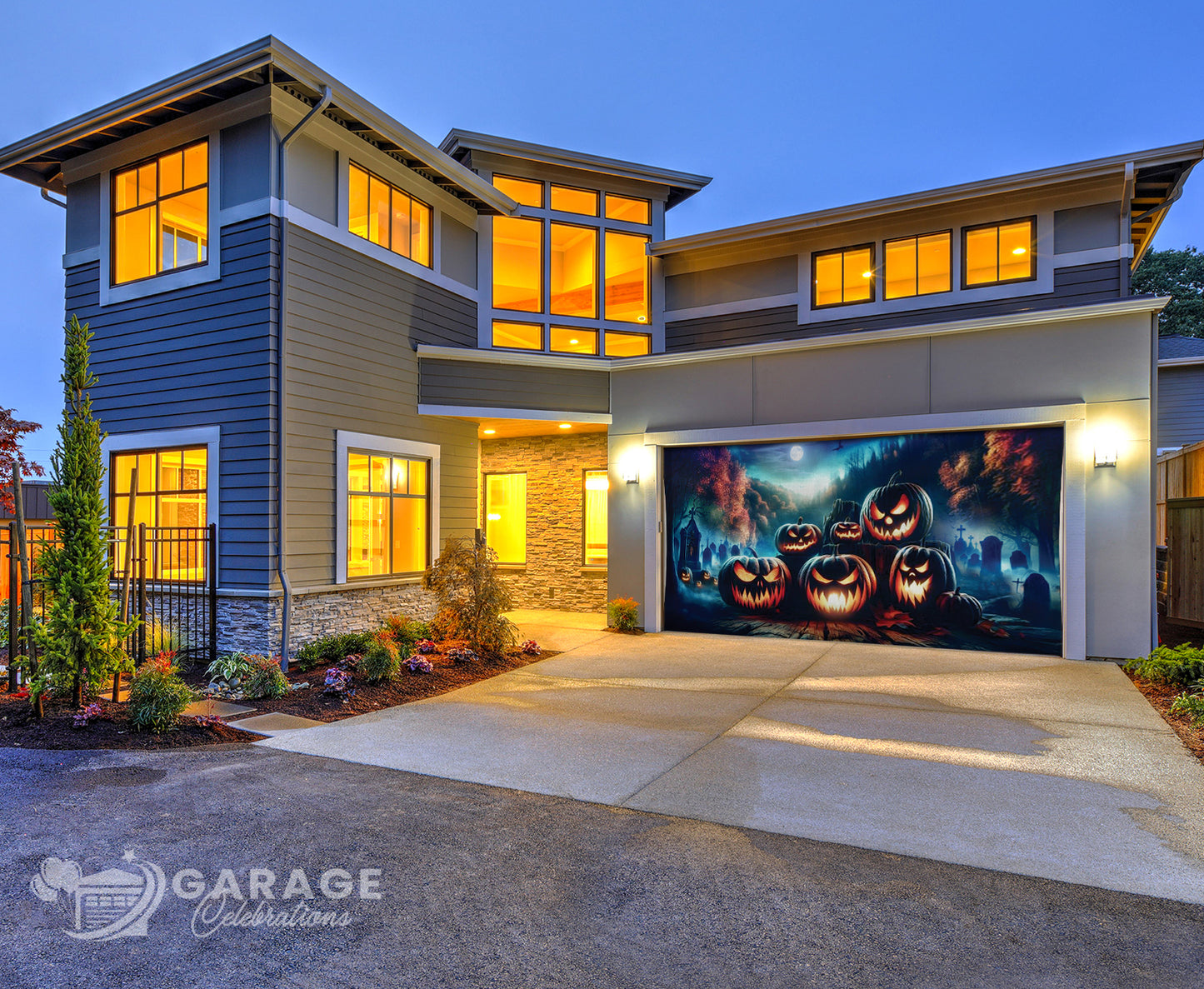 Modern house exterior with a Halloween-themed evil pumpkins garage door cover.