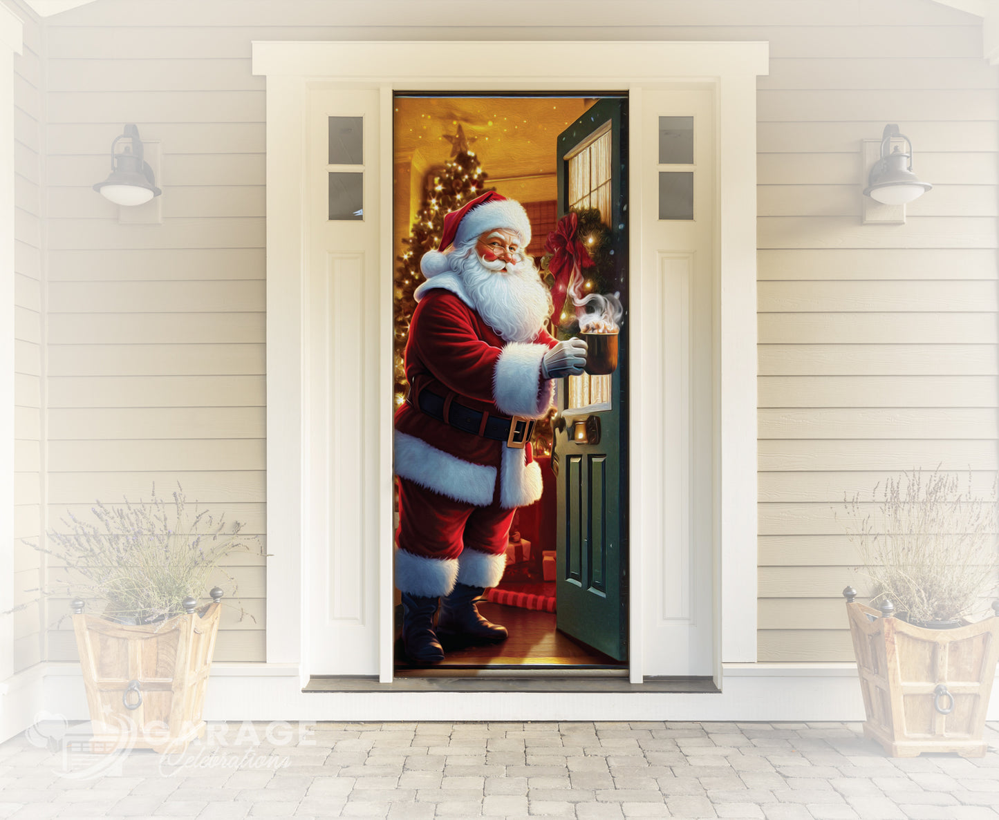 Decorative door with a Santa Claus design on a white house exterior.