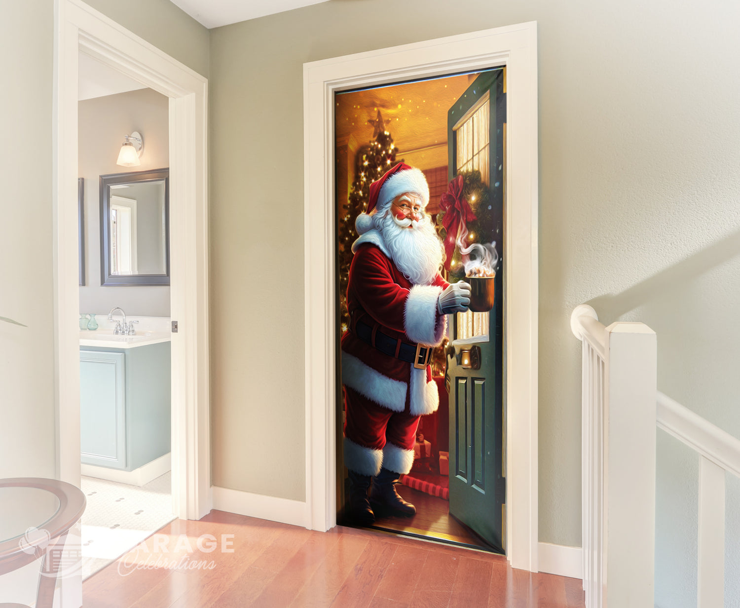 Decorative door with a Santa Claus design in a home interior.